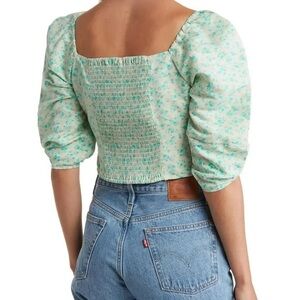 Levi's Yvie Square Neck Puff Sleee Smocked Crop Top NWT Green Size XL